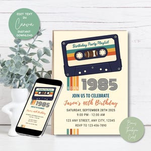 Bewerkbare retro cassettebandje uit de jaren 80 verjaardagsuitnodiging, vintage muziekthema afdrukbare uitnodiging, sjabloon geboortejaar feest, instant download
