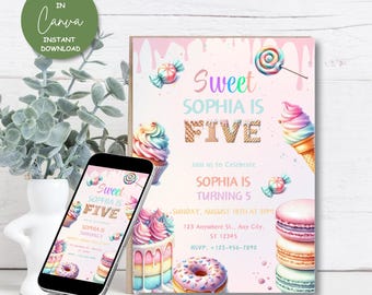 May include: A pink and blue birthday invitation with a sweet theme. The invitation features a rainbow cupcake, a donut, macarons, and a rainbow ice cream cone. The text on the invitation reads "Sweet Sophia is Five".