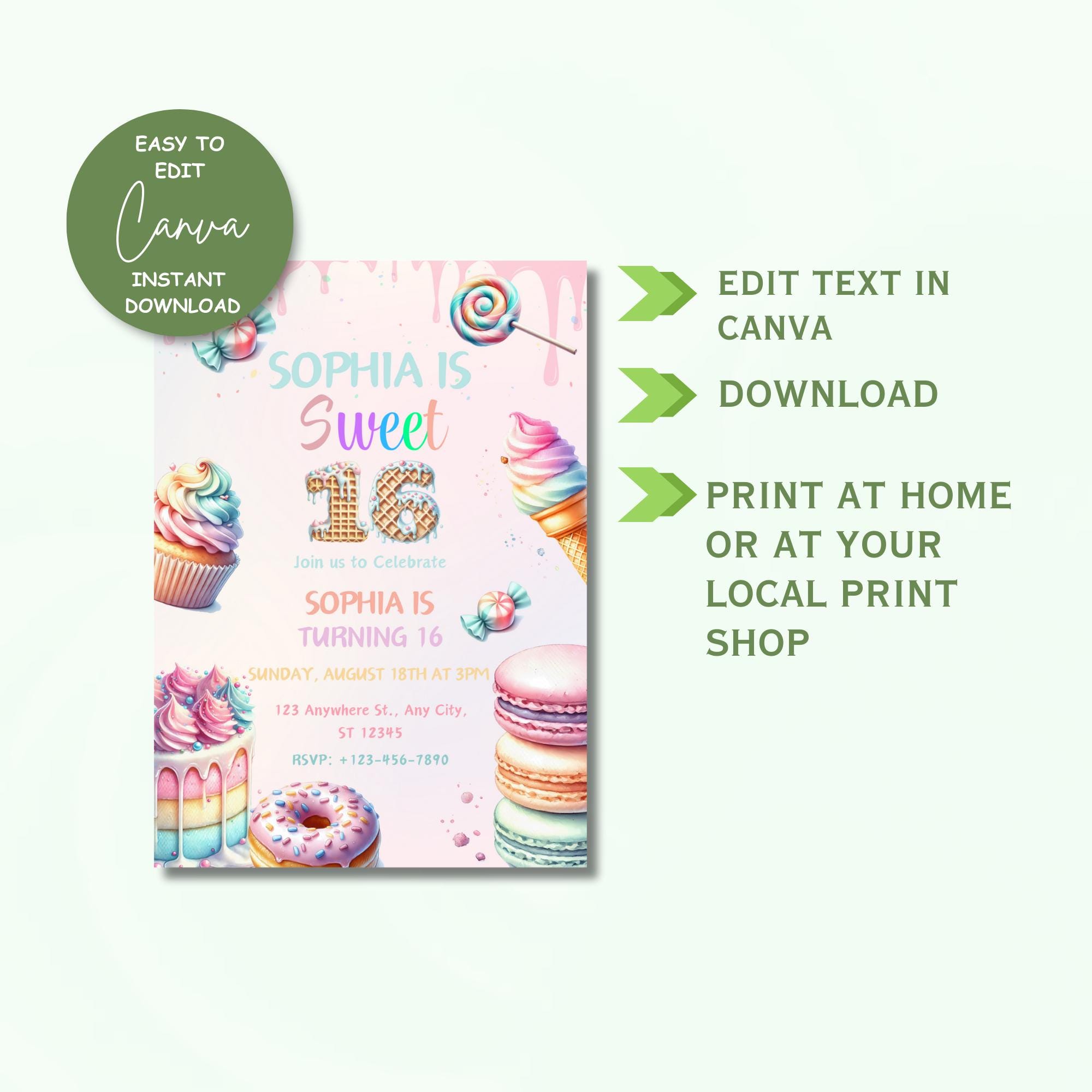 Sos Invite Editable Sweet Sixteen Birthday Invitation, Candy Party 16th Invite ...