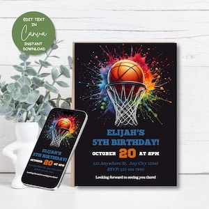 Bewerkbare basketbal verjaardagsuitnodiging, sportfeest uitnodigen, jongens aquarel verjaardagsfeestje, afdrukbare canvas sjabloon, Instant Download