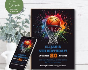 May include: A basketball birthday invitation with a colorful paint splatter design. The invitation features a basketball going through a hoop with the text "Elijah's 5th Birthday!" and "October 20 at 2 PM".