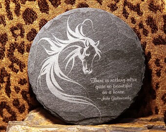 Virginia Slate 4 Inch Round Laser Engraved Slate Coaster 4 Horse Designs