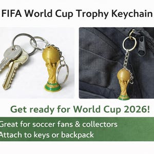 Pu&ograve; includere: Un portachiavi con trofeo della Coppa del Mondo FIFA color oro con base verde. Il portachiavi &egrave; mostrato con chiavi e attaccato a uno zaino. Il testo sull'immagine recita "FIFA World Cup Trophy Keychain" e "Get ready for World Cup 2026!"