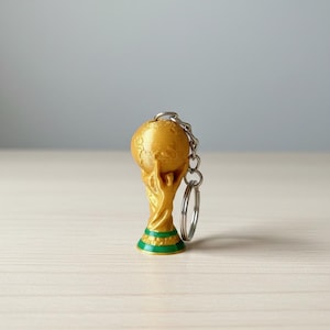 Pu&ograve; includere: Un portachiavi dorato raffigurante un trofeo in miniatura con un globo, sostenuto da due figure. La base presenta strisce verdi e dorate. Sono attaccati una catena e un anello argentati.