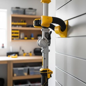 May include: A yellow and black DeWalt tool holder mounted on a white wall. The tool holder is designed to hold a power tool, with a black handle and yellow accents. The text "DeWalt Tool Holder" is visible.