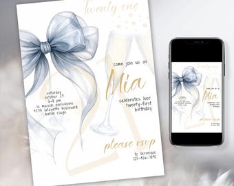 Dusty Blue 21st Coquette Birthday Invitation Template, Editable (Digital Download)