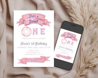 1st Birthday Sweet One Invitation Template — Editable (Digital Download)