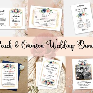 Inviti per matrimonio floreali color pesca e cremisi, grande pacchetto, invito stampabile con farfalla e fiori blu, modello modificabile, set per matrimonio / CP100