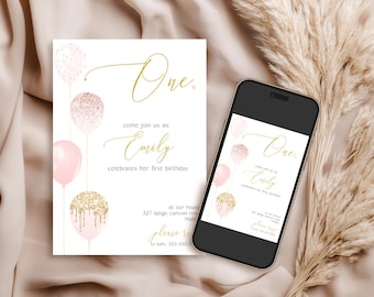 Minimalist Pink and Gold Balloon 1st Birthday Invitation Template, Editable (Digital Download)