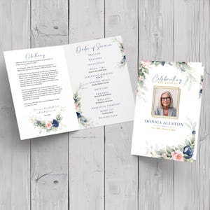 Funeral Memorial Program Template | Navy Blush Floral Celebration of Life Bulletin (Digital Download)