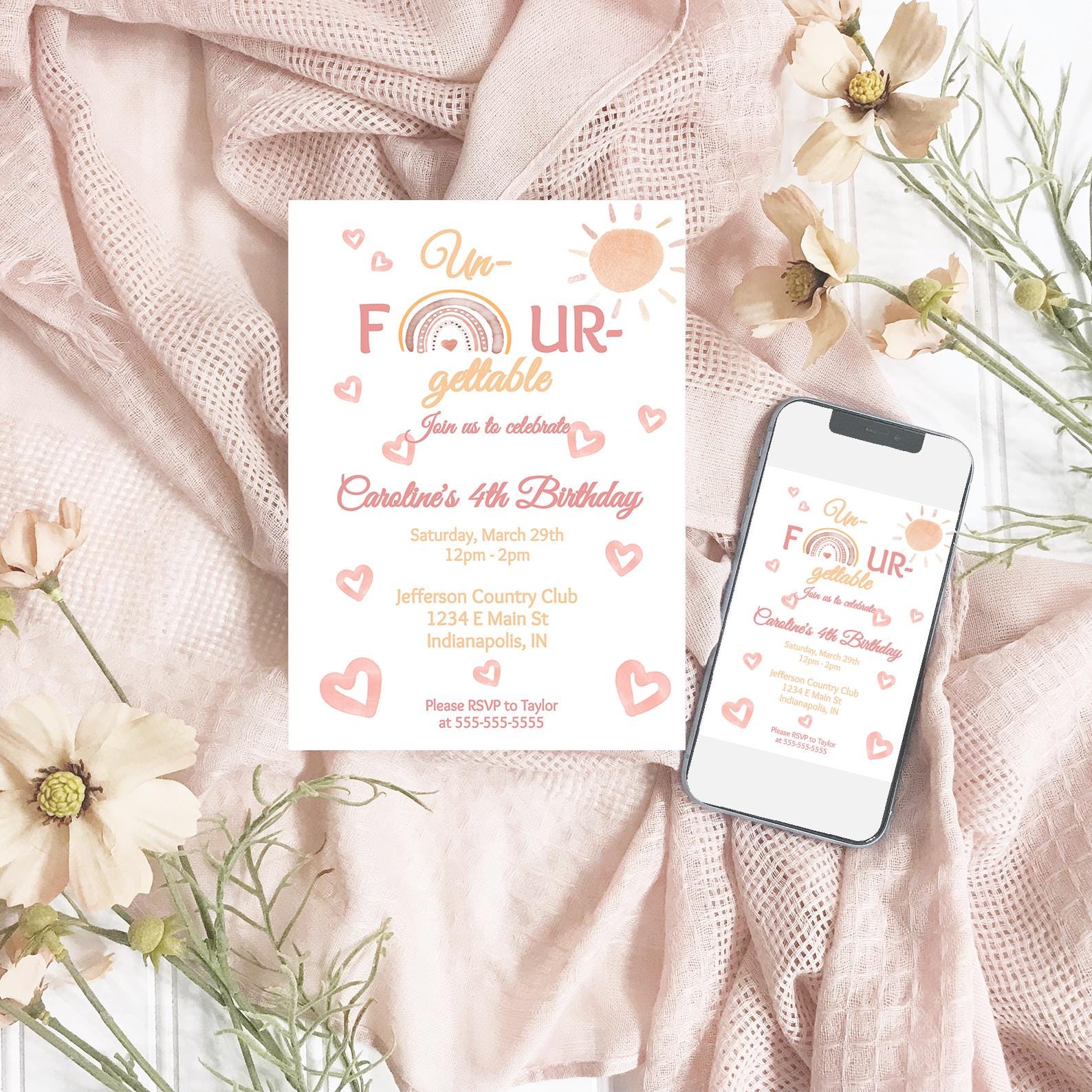 Invitación inolvidable para fiesta de cumpleaños, descarga instantánea en forma de corazón, invitación digital para fiesta de cumpleaños número 4 con arcoíris boho, arcoíris editable