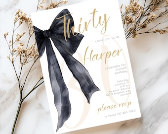 Invitación de cumpleaños minimalista, elegante lazo coqueto negro y dorado editable de treinta, plantilla negra para 30 cumpleaños, descarga editable / BOW100