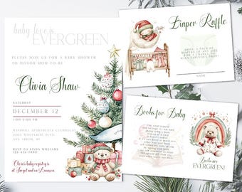 Op de afbeelding: Babyshower uitnodiging en inlegvellen met een kerstthema. De uitnodiging toont een versierde kerstboom, cadeaus en een teddybeer. Inlegvellen bevatten een luierloterij en een verzoek om boeken. De tekst luidt "baby love is EVERGREEN".