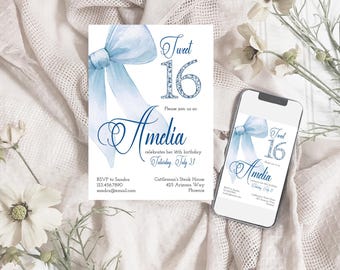 Invitación elegante para fiesta de 16 años con lazo floral azul. Invitación móvil para fiesta de 16 años.