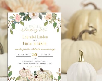 Puede incluir: Una invitación de boda con ilustraciones florales y de calabazas. La invitación presenta el texto "Falling Leaves Ascending Love" y los detalles de la boda de Lauralei Linden y Lucas Franklin el 20 de octubre en Gardenside Country Club.