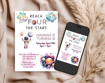 Könnte beinhalten: Eine farbenfrohe Einladung zu einer 4. Geburtstagsfeier mit Weltraumthema. Die Einladung zeigt einen Comic-Astronauten, der einen Stern und einen Ballon hält, Planeten und Sterne. Der Text lautet "Reach Four The Stars" und "Hannah wird 41 Jahre alt". Die Einladung enthält auch das Datum, die Uhrzeit und den Ort der Party.