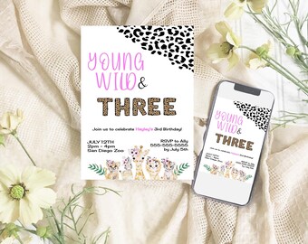Leopard Print Jungle Birthday Invitation: Young Wild & Three (Digital)