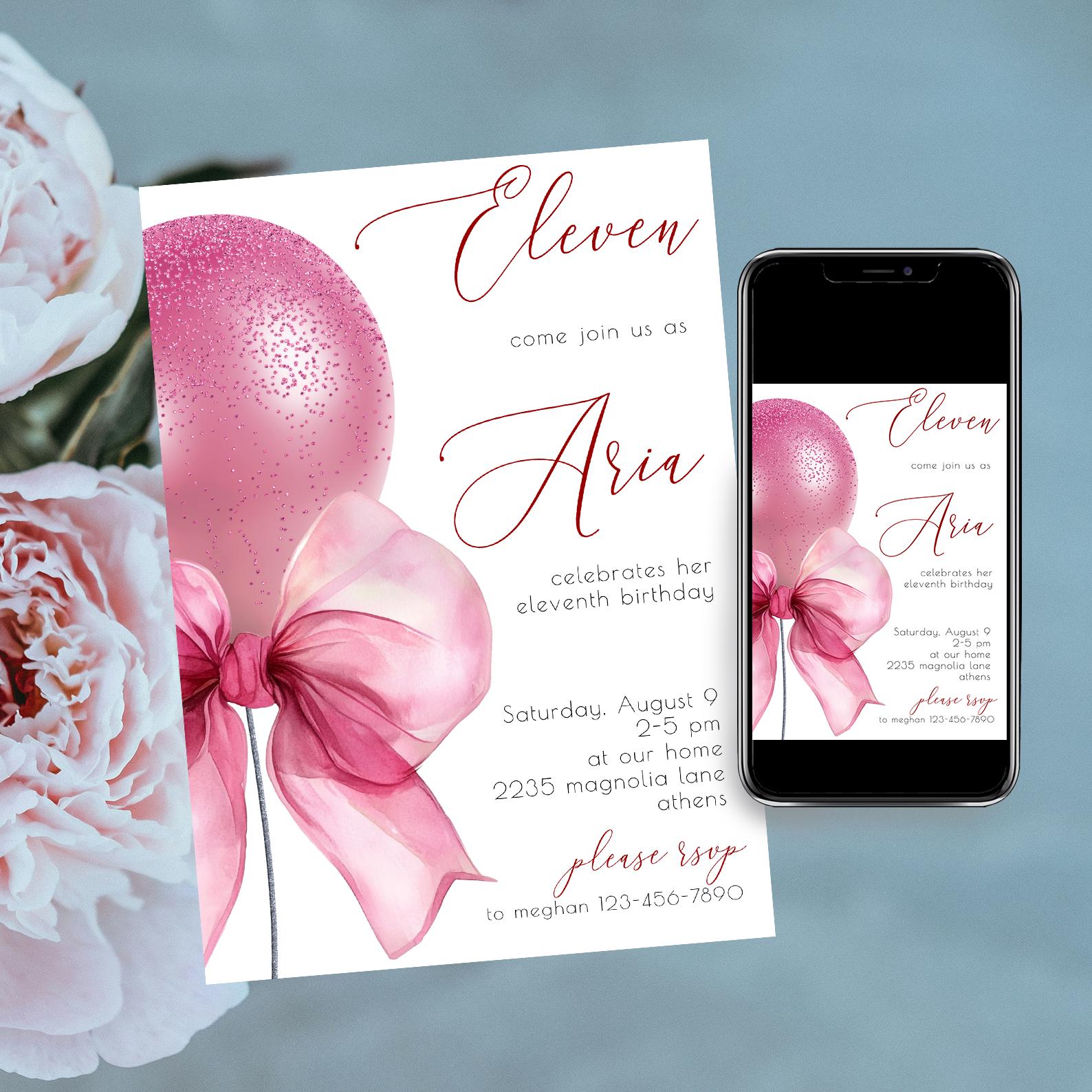 Pink Balloon Minimalist Birthday Invitation Template, Editable