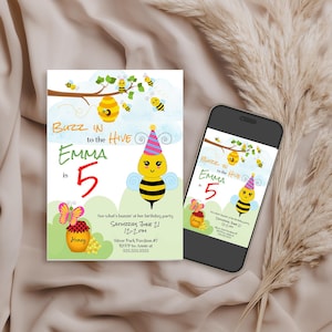 May include: A birthday invitation for a girl turning five. The invitation features a cartoon bee with a party hat and the text "Buzz in to the Hive Emma is 5". The invitation is decorated with a honeycomb, flowers, and butterflies.