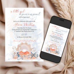 Invitación digital personalizable para baby shower de niña con temática submarina, color azul y melocotón (BB100)
