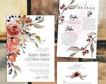 Autumn Wedding Invitation Bundle: Rustic Leaves & Berries (DIY Editable, Instant Download) | AUTUMN2