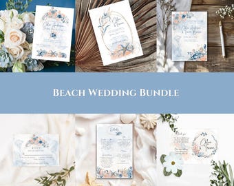 Pacchetto di inviti per matrimonio in stile costiero: modello modificabile per invito in stile boho-beach (download digitale)