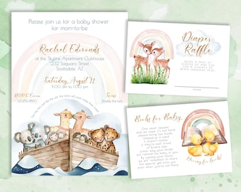 May include: Baby shower invitation set with a rainbow and animal ark theme. Includes an invitation, diaper raffle card, and a book request card. The invitation features the event details and the mom-to-be's name.