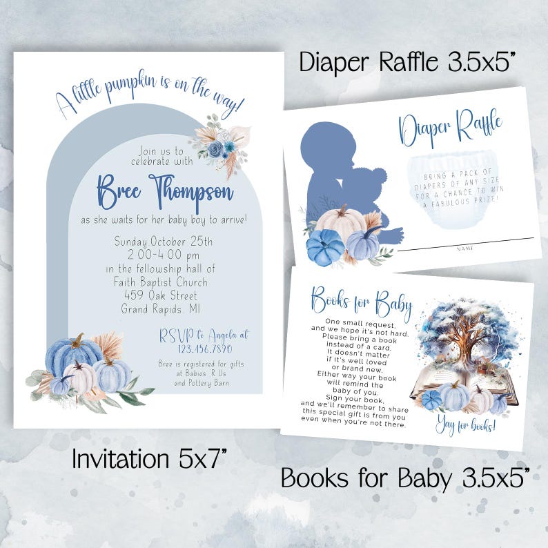 Floral Pumpkin Baby Shower Invitation Bundle Blue Boy Invite Set
