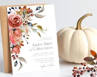 Autumn Wedding Invitation: Rustic Leaves & Berries (DIY Editable Downloadable Template) | AUTUMN2