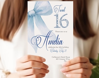 Blue Sweet 16 Coquette Birthday Invitation Template, Editable (Digital Download)