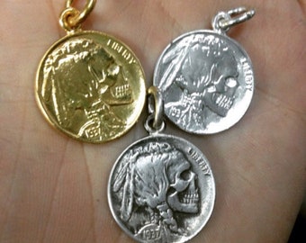 Skull and Buffalo Skeleton Hobo Nickel Necklace Pendant- Double Sided, Head's Up-Sterling Silver!