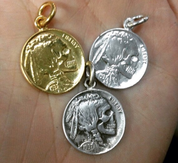 Skull and Buffalo Skeleton Hobo Nickel Necklace Pendant Double