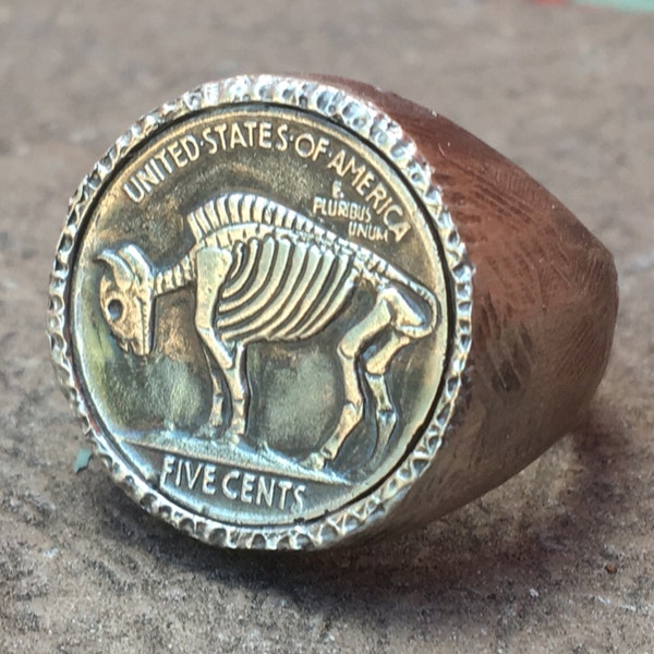 Sterling Silver Buffalo Skeleton Hobo Nickel Mens Ring