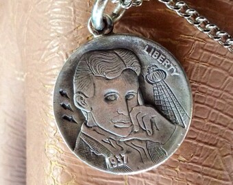 Nikola Tesla - Sterling Silver Hobo Nickel Steampunk Necklace Pendant