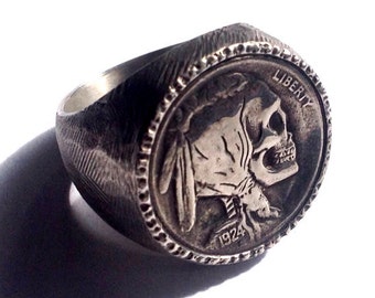 Sterling Silver Buffalo / Indian Head Nickel Skeleton Skull Hobo Nickel Mans Mens Ring