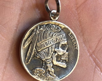 Bunny Gang Bunny Skull and Buffalo Skeleton Hobo Nickel Necklace Pendant- Sterling Silver!