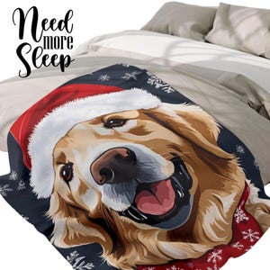 Festive Dog Blanket, Golden Retriever, Christmas Fleece Blanket, Holiday Throw, Winter Home Decor, Santa Hat Pet Blanket