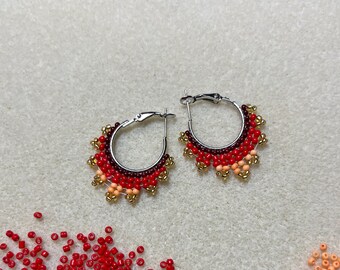 Handmade Beaded Gradient Earrings: Red to Orange with Gold Fringe