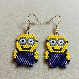 My Mini Minions Earrings, Inspired Cartoon Jewelry, Fun Character Dangles, Beaded Yellow Blue Accessories, Quirky Gift Idea