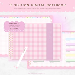 以下が含まれることがあります： 15セクションのピンクと白のギンガムチェック柄のデジタルノート。ノートはすべてハイパーリンクされており、かわいいピンクのテーマを採用しています。テキスト「FEATURES 15 HYPERLINKED SECTIONS!」は白い吹き出しに書かれています。
