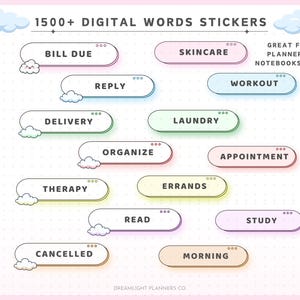 Może przedstawiać: Cyfrowe naklejki ze słowami z frazami takimi jak "Bill Due", "Skincare" i "Workout". Naklejki są w różnych pastelowych kolorach i są przeznaczone do planerów i notatników. Obraz zawiera tekst "1500+ DIGITAL WORDS STICKERS."