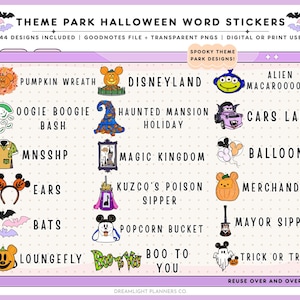 May include: A digital sticker sheet with 44 Halloween-themed designs. The stickers feature phrases like "Disneyland," "Haunted Mansion Holiday," and "Trick or Treat," along with themed illustrations. The sheet is in a purple frame with the text "Theme Park Halloween Word Stickers."