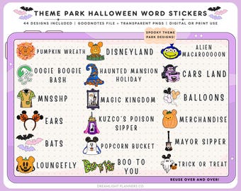 May include: A digital sticker sheet with 44 Halloween-themed designs. The stickers feature phrases like "Disneyland," "Haunted Mansion Holiday," and "Trick or Treat," along with themed illustrations. The sheet is in a purple frame with the text "Theme Park Halloween Word Stickers."