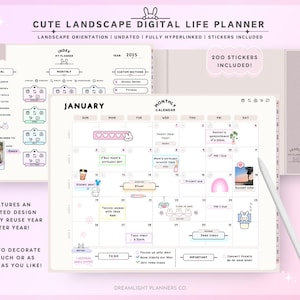 Puede incluir: Un planificador digital con un esquema de color rosa y blanco. El planificador está diseñado para la planificación mensual e incluye un calendario, una lista de tareas y una sección de notas. El planificador no está fechado e incluye 200 pegatinas. El texto "CUTE LANDSCAPE DIGITAL LIFE PLANNER" está en la parte superior del planificador.