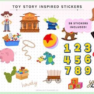 May include: A set of 28 Toy Story themed stickers featuring characters such as Woody, Buzz Lightyear, and Jessie, as well as iconic objects such as the Sheriff's office, a piggy bank, and a cactus. The stickers are ideal for adding a touch of fun to planners, journals, and other items.