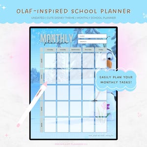 Söt snögubbe, månatlig digital planerare för skolklassen, veckokalender för iPad, digital studiehjälp med Frost-tema för elevanteckningsbok