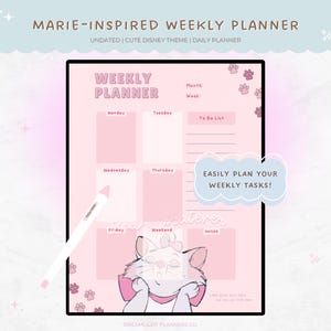 Agenda digital semanal con temática de gato kawaii rosa para Goodnotes en iPad. Planificación diaria con gatitos. Plantilla en tonos pastel. Diario digital para amantes de los animales.