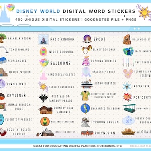 World Theme Park Digital Stickers, Digital Planner Stickers, Goodnotes Word Stickers, Cute Notebook Stickers, Mickey Stickers, Transparent
