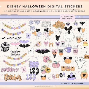 May include: Digital sticker set featuring Disney-themed Halloween illustrations. Includes bats, ghosts, pumpkins, Mickey Mouse, and phrases like "Spooky Vibes" and "Happy Halloween." The stickers are in a cute pastel color palette, perfect for digital planning.