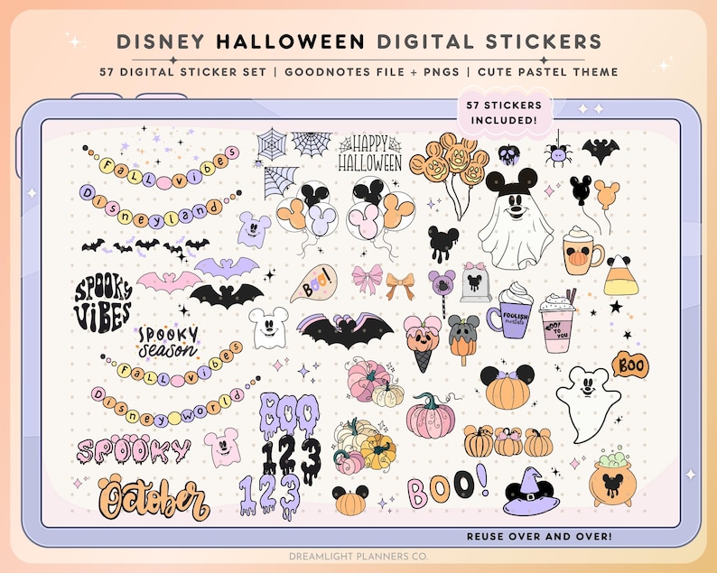 May include: Digital sticker set featuring Disney-themed Halloween illustrations. Includes bats, ghosts, pumpkins, Mickey Mouse, and phrases like "Spooky Vibes" and "Happy Halloween." The stickers are in a cute pastel color palette, perfect for digital planning.